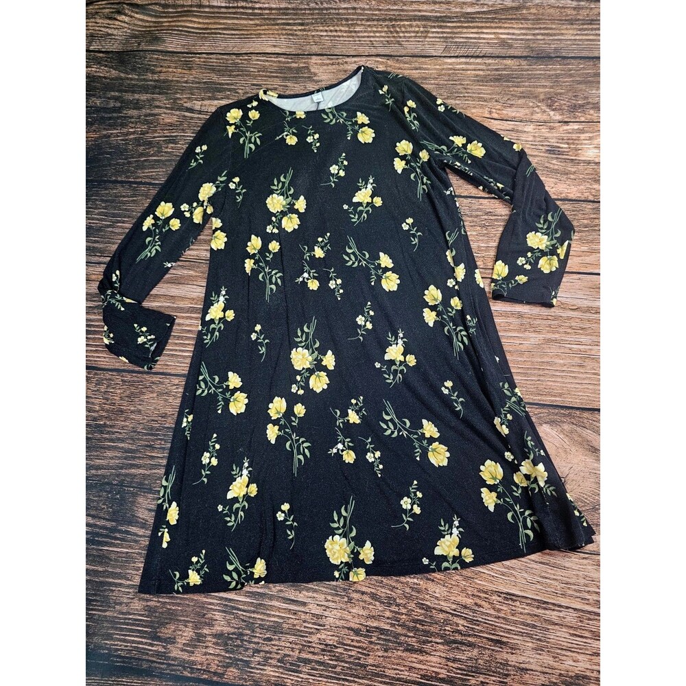 Old Navy Shift Dress Womens L Black Yellow Floral Stretch 3/4 Sleeve Rayon Blend